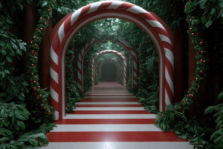 A magical Christmas pathway with candy cane arches and lush greenery. Festive and enchanting.の写真素材