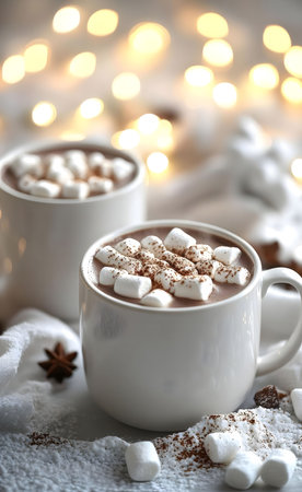 Two mugs of hot chocolate topped with marshmallows, bathed in warm light. A perfect winter treat.の写真素材