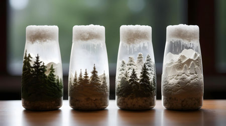 Four exquisite glass jars showcase miniature mountain scenes, a testament to artistic skill and...