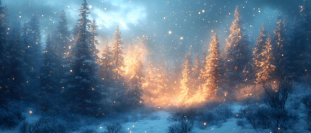 A magical winter scene with snow falling on glowing trees in an enchanted forest. Peaceful and serene atmosphere.の写真素材