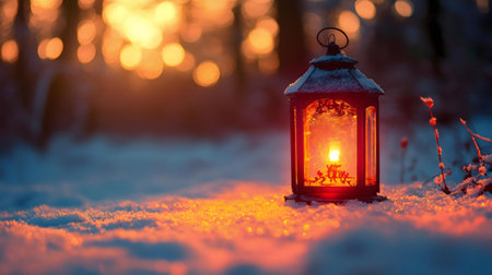 A glowing lantern sits in the snow during a magical winter sunset. Warm light and serene atmosphere.