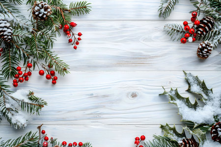 Festive winter background with snow-covered pine branches, red berries, and holly on white wood. Perfect for Christmas cards or holiday projects.の写真素材