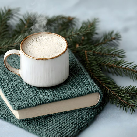 A steaming mug of warm beverage sits atop a book wrapped in a knitted teal cover with pine branches nearbyの写真素材