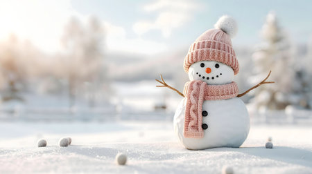 A charming snowman, wearing a pink hat and scarf, stands in a snowy winter landscape. A perfect winter scene!の写真素材