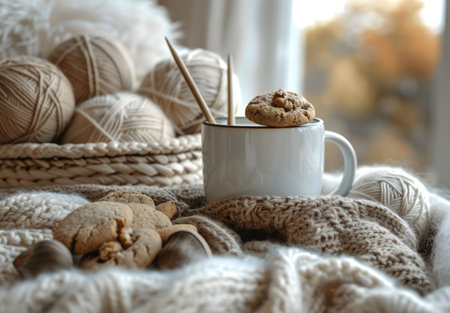 A cozy autumn scene featuring a warm mug, knitting materials and delicious cookies, evoking feelings of comfort and warmth.の写真素材