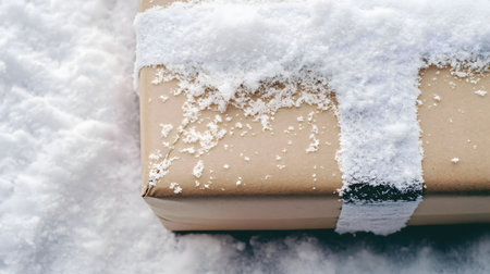 A rustic brown gift box sits in the snow, covered with a layer of fresh snow. The scene evokes a feeling of wintery surprise.の写真素材