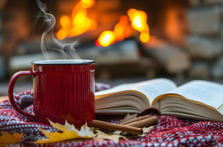 A red mug of steaming hot beverage sits on a knitted blanket next to an open book, with a blurry fireplace in the background. Autumn leaves and cinnamon sticks add to the cozy atmosphere.の写真素材