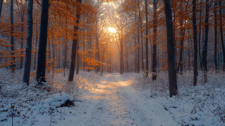 A snowy forest path bathed in the warm glow of sunrise. Orange leaves clinging to the snow-covered branches.の写真素材