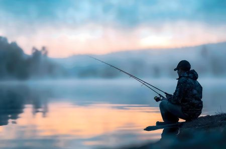 A lone fisherman sits by a tranquil lake at sunrise, casting his line into the waters.の写真素材