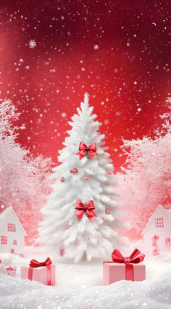 A stunning white Christmas tree adorned with pink bows, surrounded by gifts in a snowy winter village. Red background adds festive charm.の写真素材