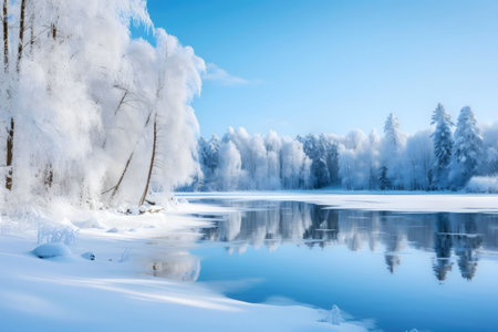 A serene winter scene featuring a frozen lake reflecting snow-covered trees. The calm atmosphere evokes a sense of peace and tranquility.の写真素材