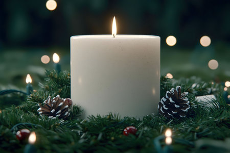 A lit candle surrounded by pine and fairy lights. A tranquil Christmas scene.の写真素材