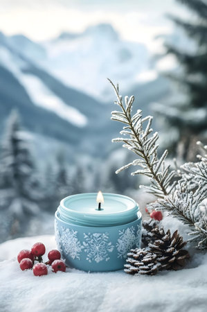 A light blue snowflake candle sits in the snow, with mountains and pine branches in the background.の写真素材