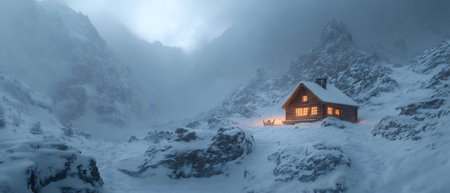 A cozy cabin nestled in a snowy mountain range, illuminated by warm light.の写真素材