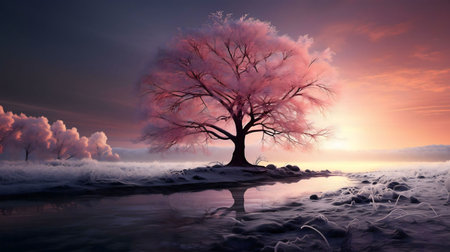 A solitary frost-covered tree stands majestically by a tranquil lake at sunrise. The serene scene is painted in calming pink and purple hues.の写真素材