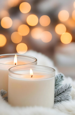 Two lit candles create a cozy winter scene. Warm lights blur in the background.の写真素材
