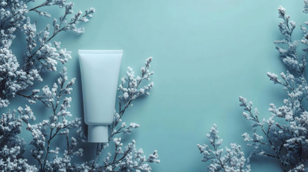 A pristine white cream tube rests on a serene blue background, adorned by snowy branches. Winter skincare at its finest.の写真素材