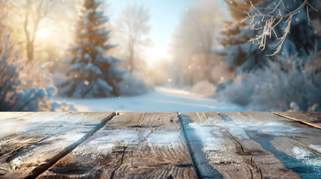 A snowy wooden table in a beautiful winter forest. Perfect for seasonal backgroundsの写真素材