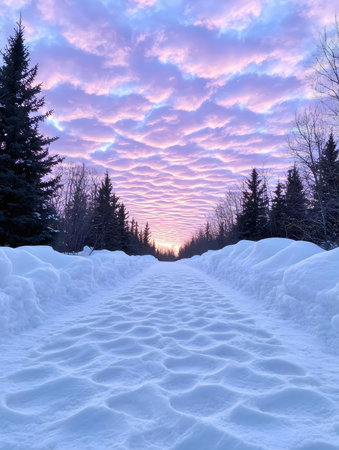 A snow covered path leads towards a breathtaking sunrise. Purple and pink hues paint the sky.