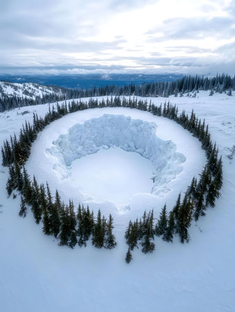 Stunning aerial shot of a frozen crater lake nestled amidst snow-covered evergreen trees on a...