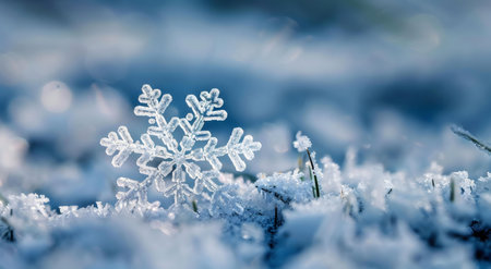 A single, perfectly formed snowflake rests on a bed of frost-covered grass. A stunning macro...