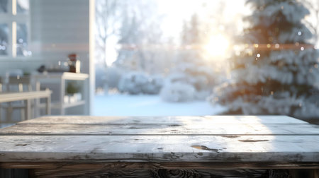 A rustic wooden table set against a soft-focus winter scene. Perfect for showcasing products or holiday greetings.の写真素材