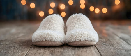 Pair of fluffy white slippers on wooden floor with warm lights in background.
