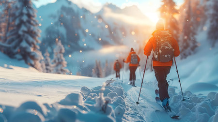Skiers traverse a snowy mountain path at sunset. Breathtaking winter scenery.の写真素材