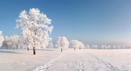 A breathtaking winter scene with snow-covered trees and footprints in the pristine snow. Serenity and peace.の写真素材