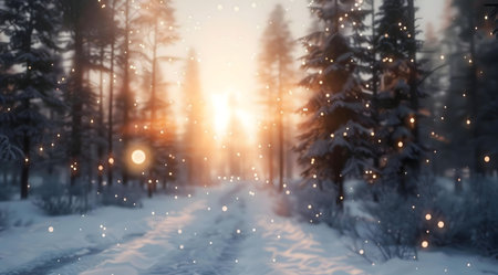 A picturesque winter sunset scene in a snow-covered forest. The warm glow illuminates the path.の写真素材