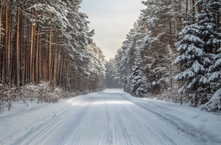 A picturesque snow-covered road winds through a serene winter forest. Sunlight filters through the trees, creating a magical atmosphere.の写真素材