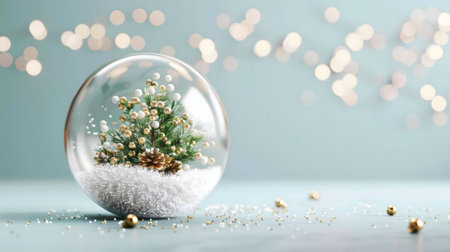 A glass globe displays a miniature Christmas tree nestled in artificial snow. Gold accents add...