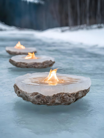 Icy candle holders burn with bright flames in a serene winter wonderland. This tranquil scene...