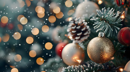 Close-up of a beautifully decorated Christmas tree with shimmering ornaments, warm lights, and falling snow. Perfect holiday ambiance!の写真素材