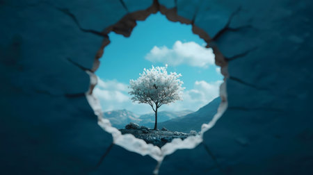 A lone, blossoming tree viewed through a crack in a wall, symbolizing hope and resilience amidst hardship.の写真素材