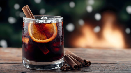 Close-up of a glass of mulled wine garnished with cinnamon and orange slices, set against a warm, blurred background.の写真素材