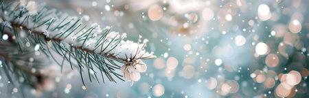 A snow-covered pine branch, glistening with winter's magic. Serenity and peace in this snowy scene.の写真素材