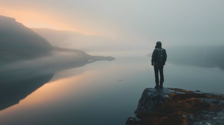 A lone hiker stands on a cliff overlooking a misty fjord at sunrise. The mountains are reflected in the still water.の写真素材