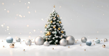 A stunning snow-covered Christmas tree adorned with silver and gold ornaments. A perfect winter holiday scene.の写真素材