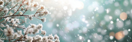 A serene winter scene featuring frost-covered flowers. The image evokes feelings of peace and tranquility.の写真素材