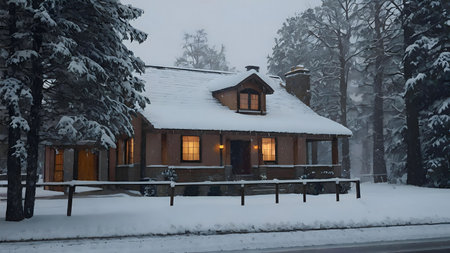 A charming snow-covered cabin glows warmly in a snowy forest. Perfect winter scene.の写真素材