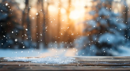 Snowy forest scene at sunset. Wooden surface in the foreground with falling snow.の写真素材
