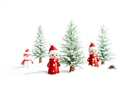 Adorable snowmen and tiny pine trees create a charming winter scene. Perfect for holiday cards or festive decorationsの写真素材