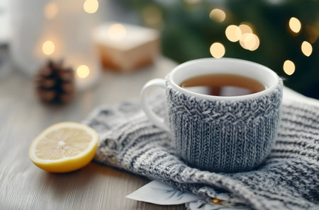 A warm mug of tea wrapped in a cozy knitted sweater, perfect for a winter evening.の写真素材