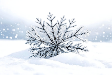 A frosty branch covered in snow, resembling a snowflake, sits in a peaceful snowy landscape. Winter wonderland.の写真素材