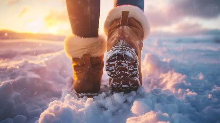 Person walking in snow during sunset. Warm light and fluffy snow.の写真素材