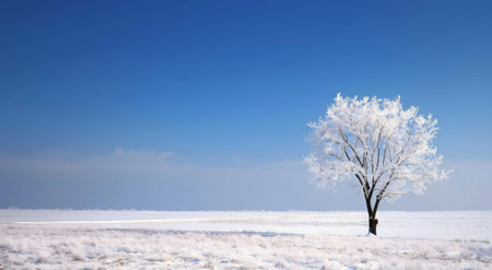 A single tree, covered in frost, stands alone in a vast, snow-covered field under a brilliant blue sky.の写真素材