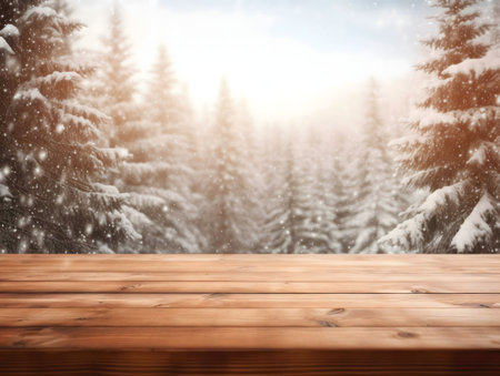 A stunning winter scene featuring a wooden tabletop in front of a snow-covered forest. Perfect for winter holiday backgroundsの写真素材
