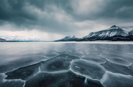 A breathtaking winter landscape featuring a frozen lake reflecting a stormy sky and snow-capped mountains.の写真素材