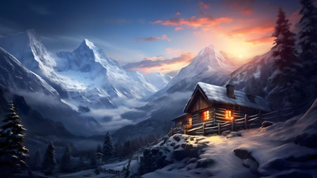 A cozy cabin nestled in a snowy mountain range during a stunning sunset. The scene evokes feelings of peace and tranquility.の写真素材